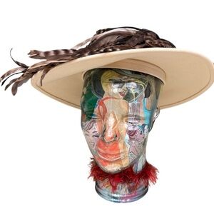 Vintage Jack McConnell Feather Hat, Cream Felt Wide Brim, Real Feathers, Rare